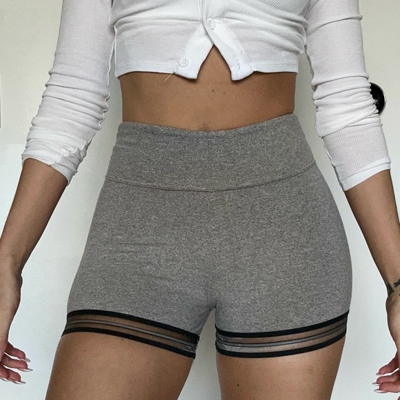 Pants - High-Waist Gray Women's Athletic Shorts with Sheer Detail